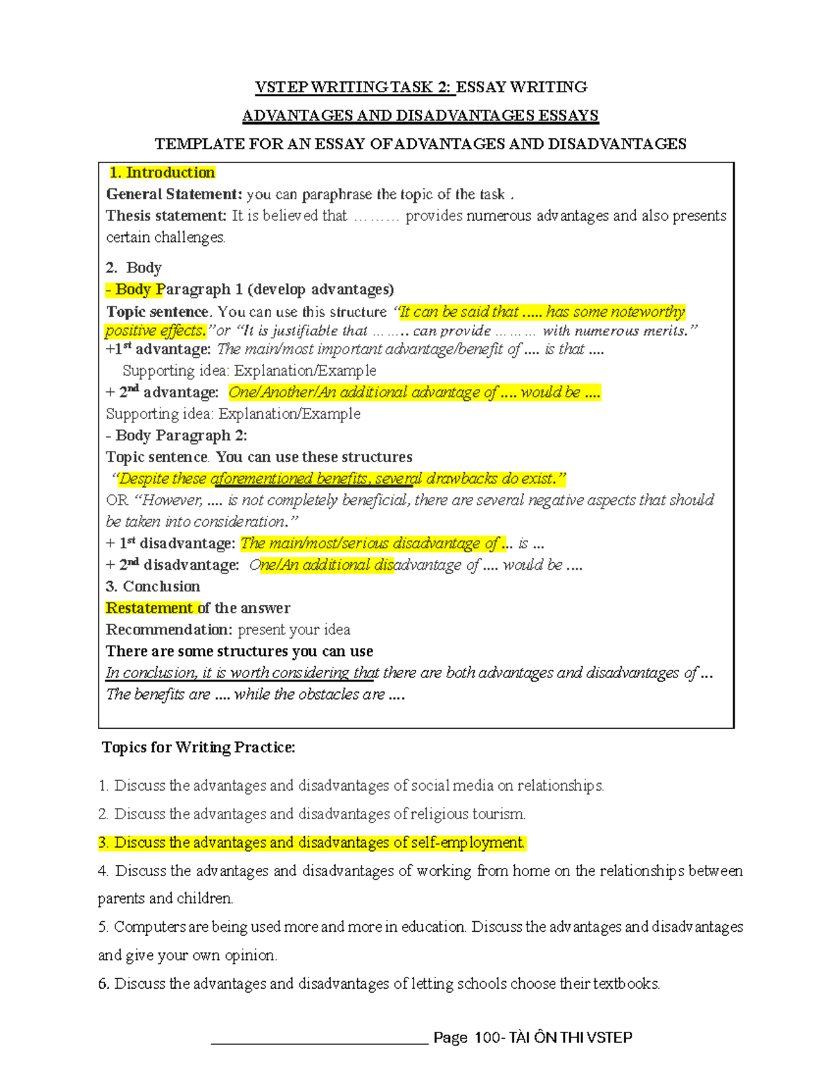 VSTEP WRITING TASK 2: ESSAY TEMPLATE FOR ADVANTAGES & DISADVANTAGES ...