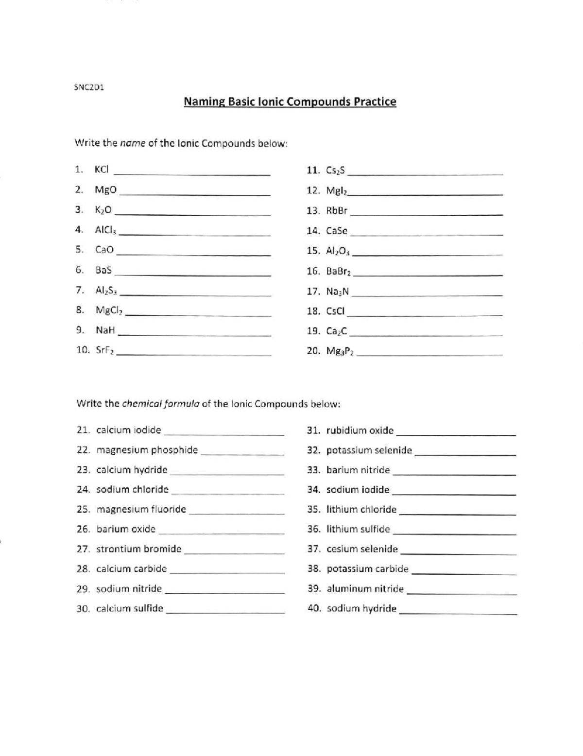 SNC2D1 Lesson 3 Ionic Compounds Naming Practice Worksheet - Studocu