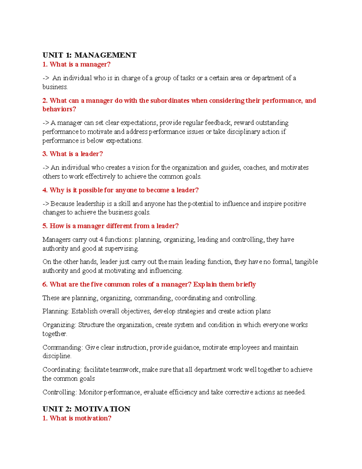 MANAGEMENT 101: Key Concepts in Leadership and Motivation - Studocu