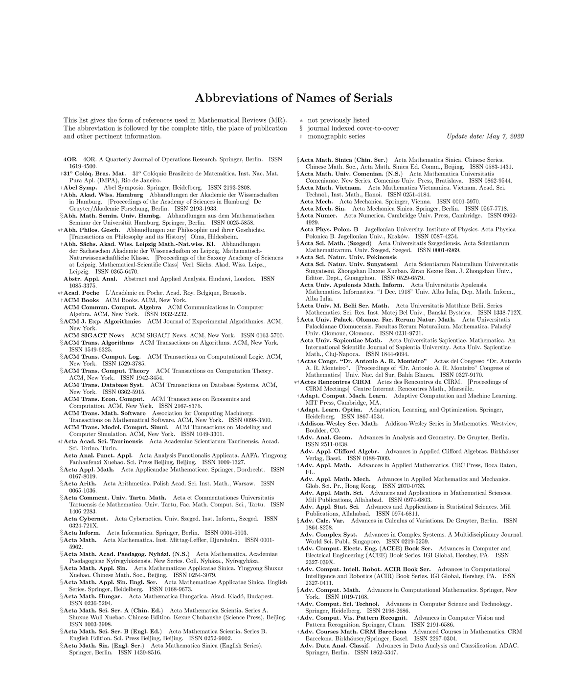 Abbreviations of Journal Names in Mathematics and Related Fields - Studocu