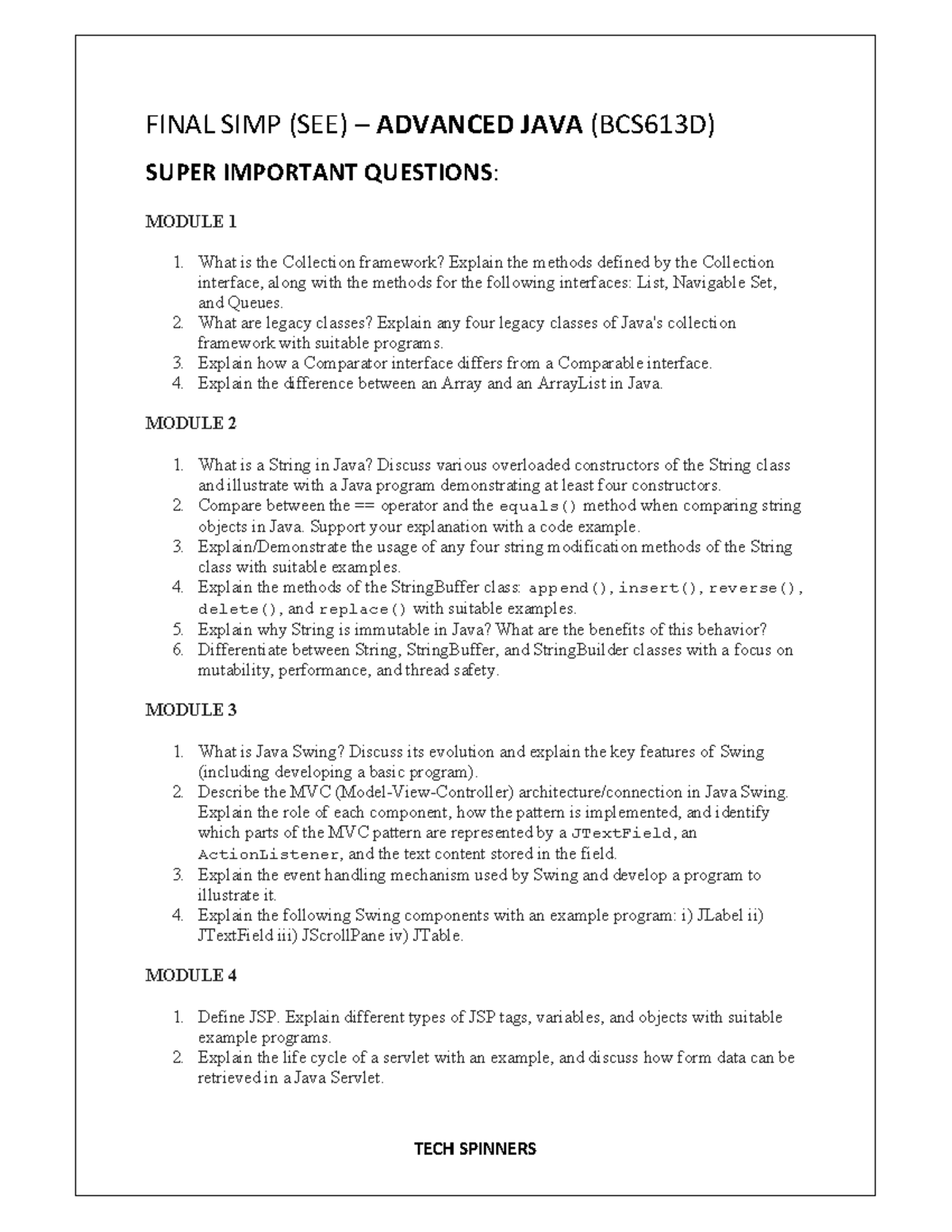 FINAL EXAM (BCS613D) ADVANCED JAVA IMPORTANT QUESTIONS MODULE 1-5 - Studocu
