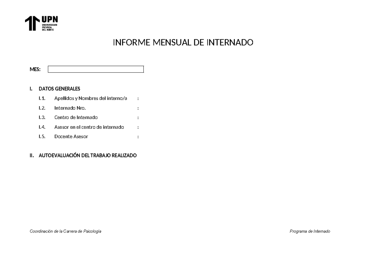 Informe Mensual de Internado: Datos y Evaluación de Actividades - Studocu