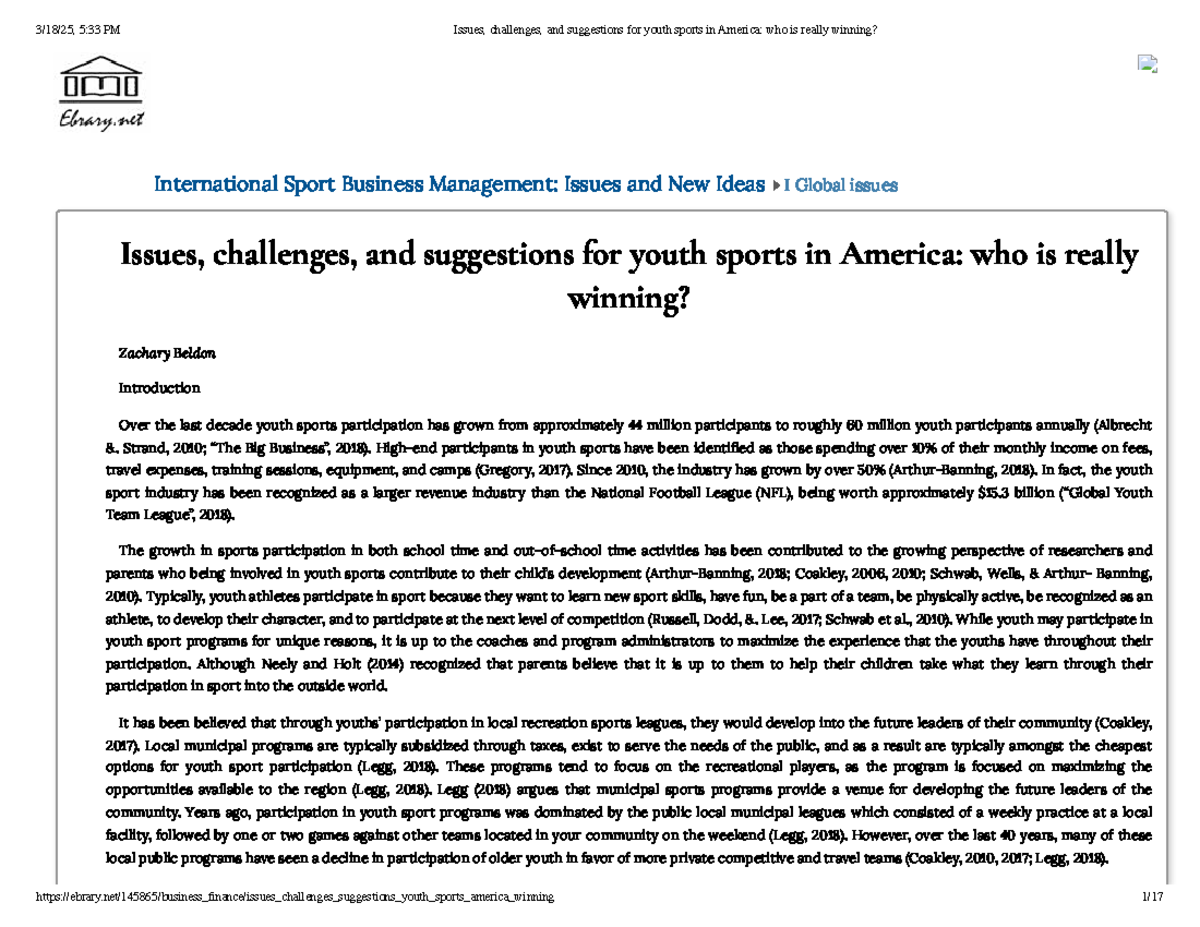 Challenges and Solutions in Youth Sports in America: An Overview - Studocu