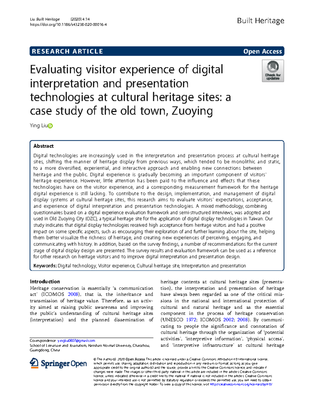 Evaluating Visitor Experience of Digital Tech at Cultural Heritage ...
