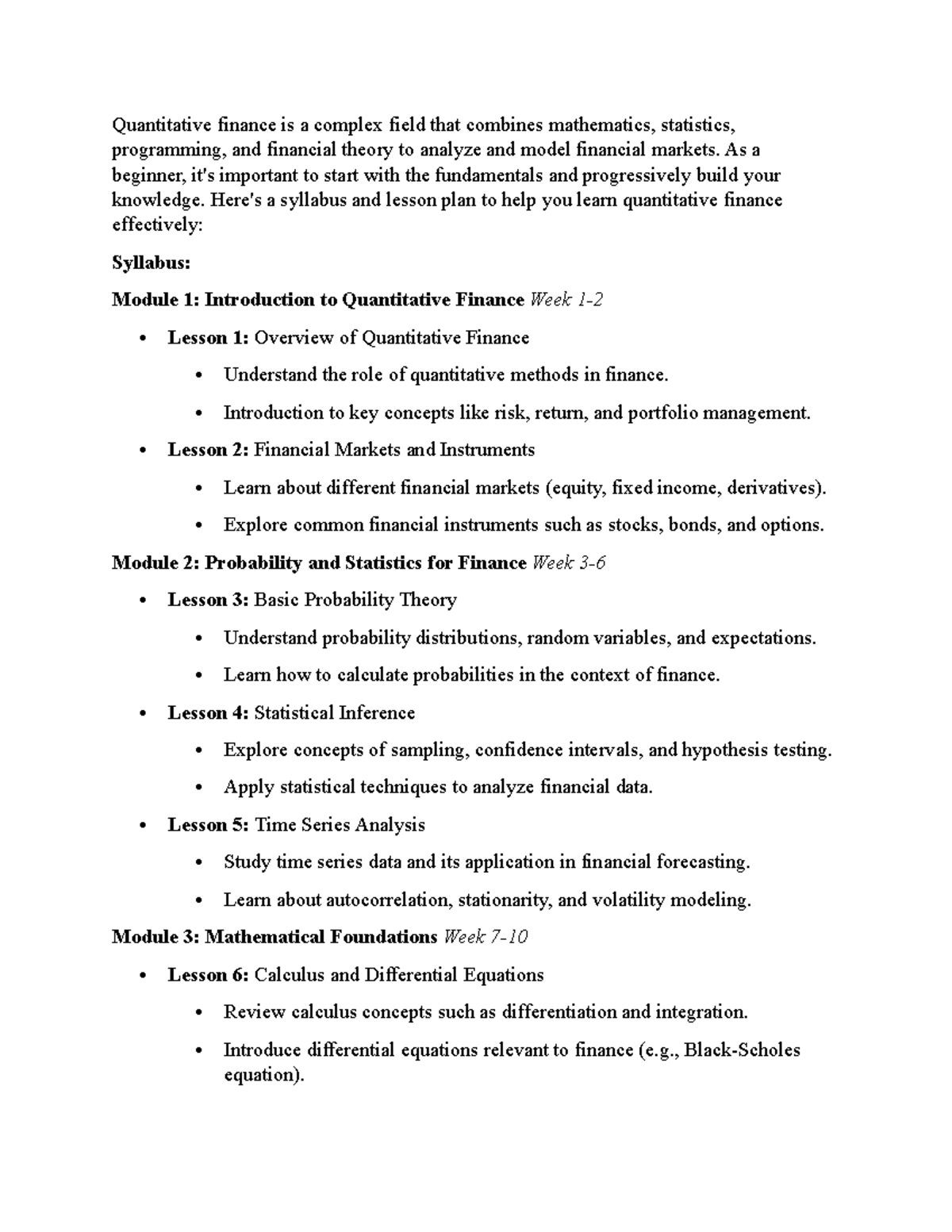 Syllabus for Intro to Quantitative Finance (FIN-101) and Lesson Plans -  Studocu