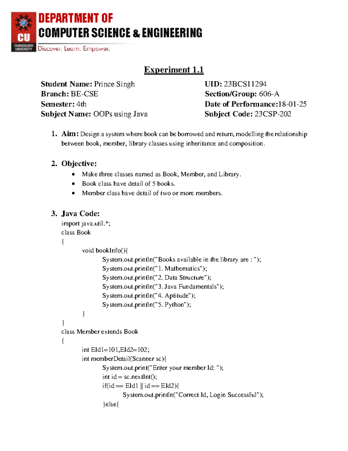 Java Assessment 1 - Experiment 1: OOPs Using Java (CS 4th Sem) - Studocu