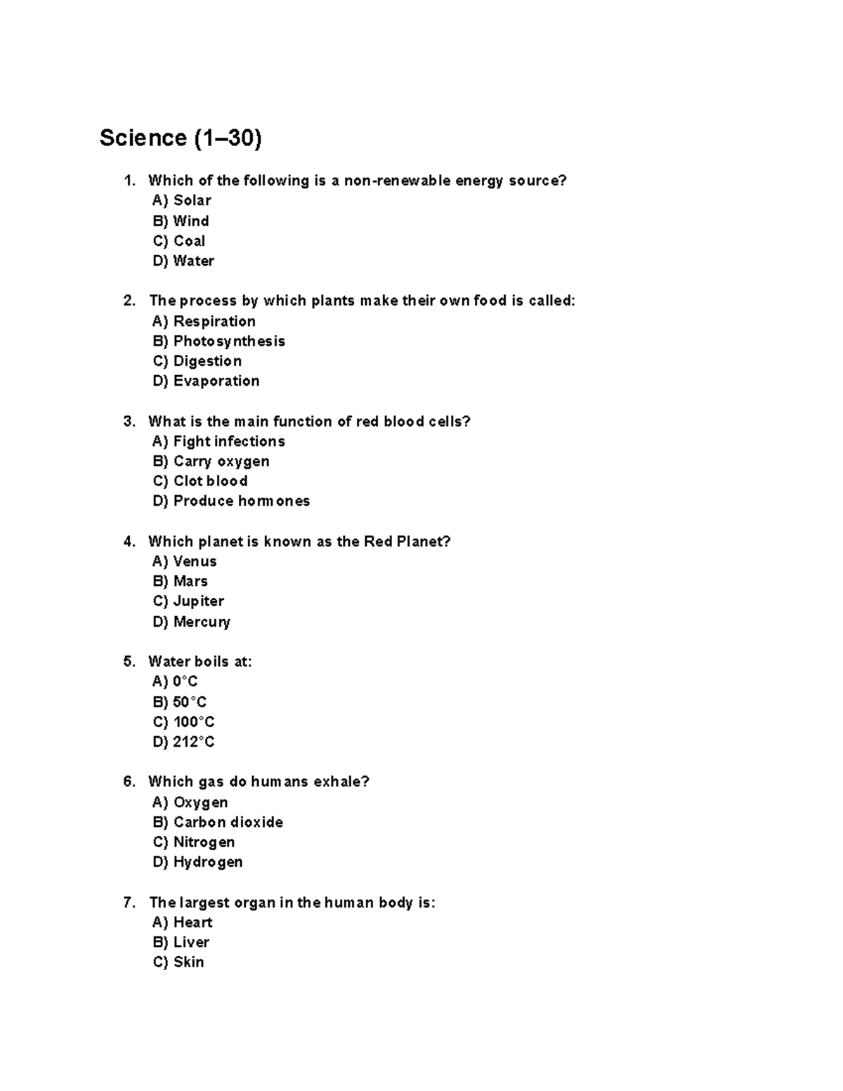 Science Quiz (1–30) - Energy, Plants, and Human Body - Studocu