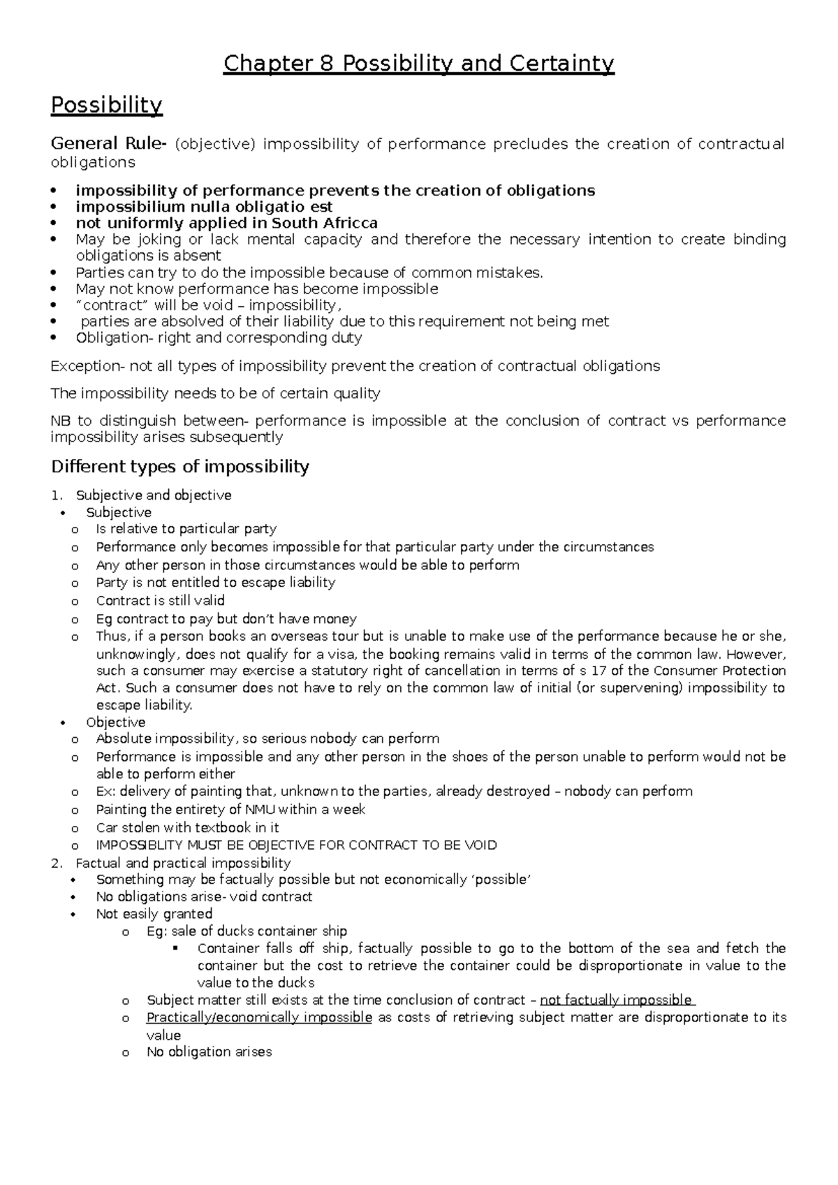 Chapter 8: Impossibility and Certainty in Contract Law - Detailed Notes ...