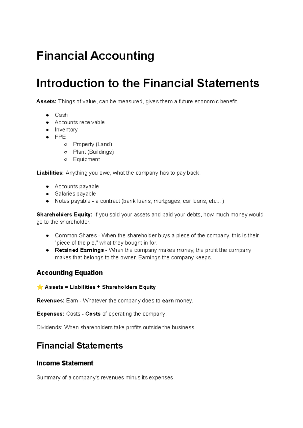 Financial Accounting (FA101) Review: Intro to Financial Statements ...