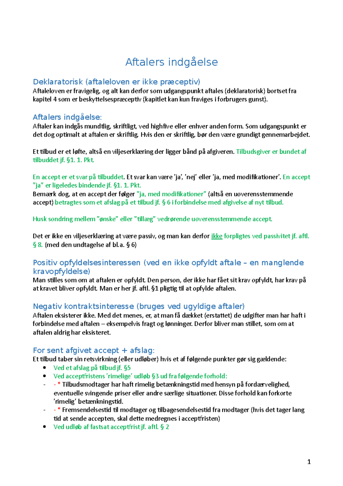 Aftalers indgåelse - Letforståelige noter til Aftaleloven (JUR101 ...