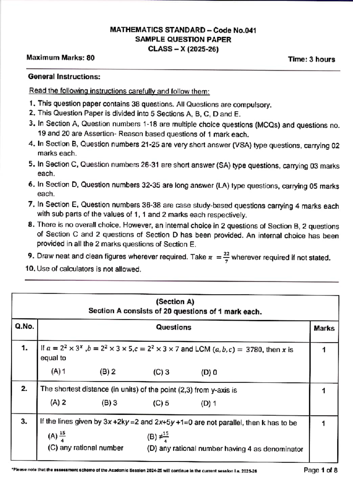 MATHEMATICS Code No.041 SAMPLE QUESTION PAPER CLASS X - Practice Test ...