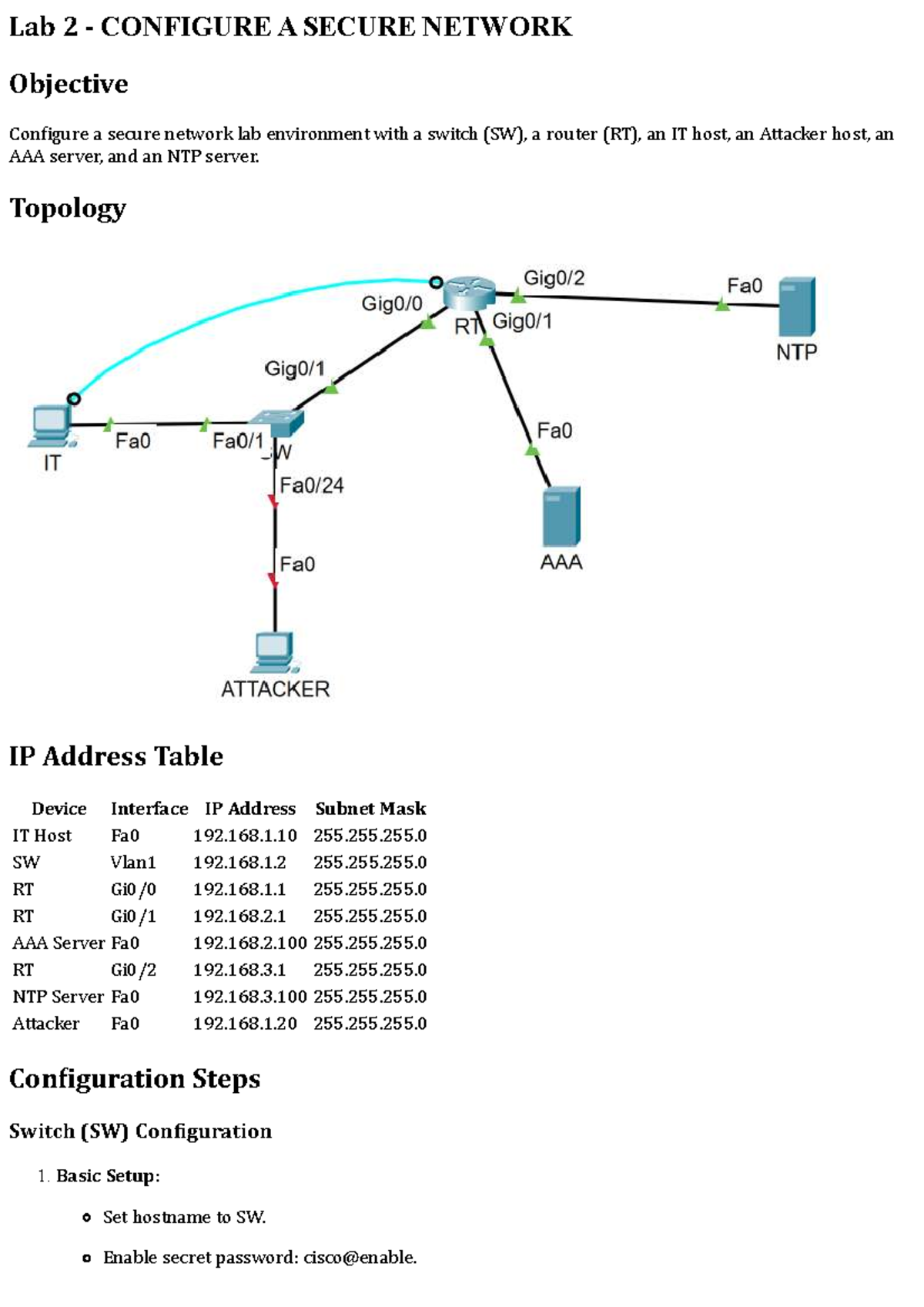 Lab 2: Configuring a Secure Network Environment (SW, RT) - Studocu