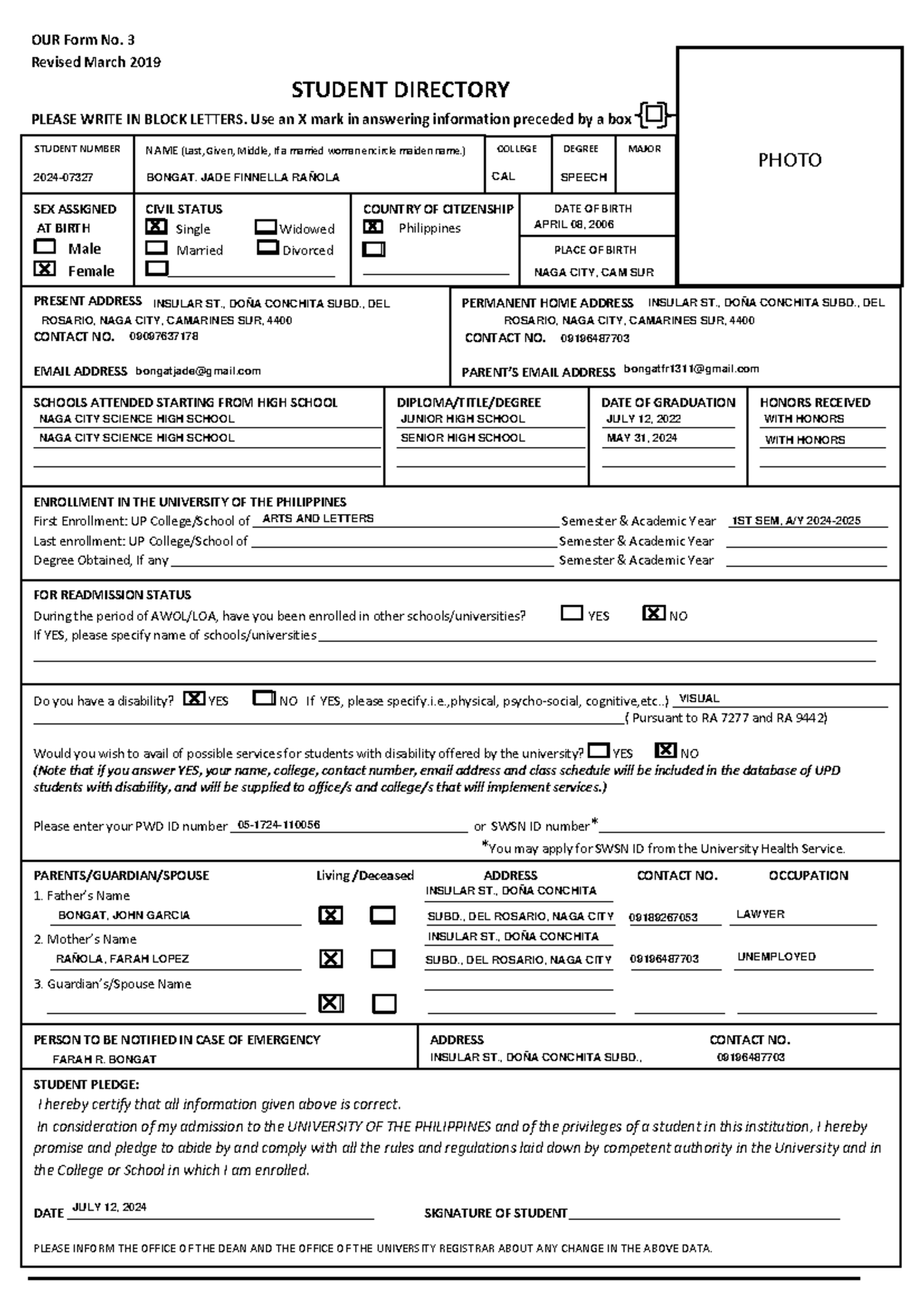 Ourform 3 - lecture notes - OUR Form No. 3 Revised March 2019 STUDENT ...