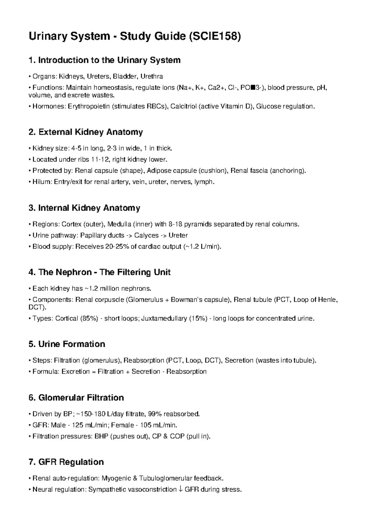 Urinary System Study Guide (SCIE158): Key Concepts & Functions - Studocu