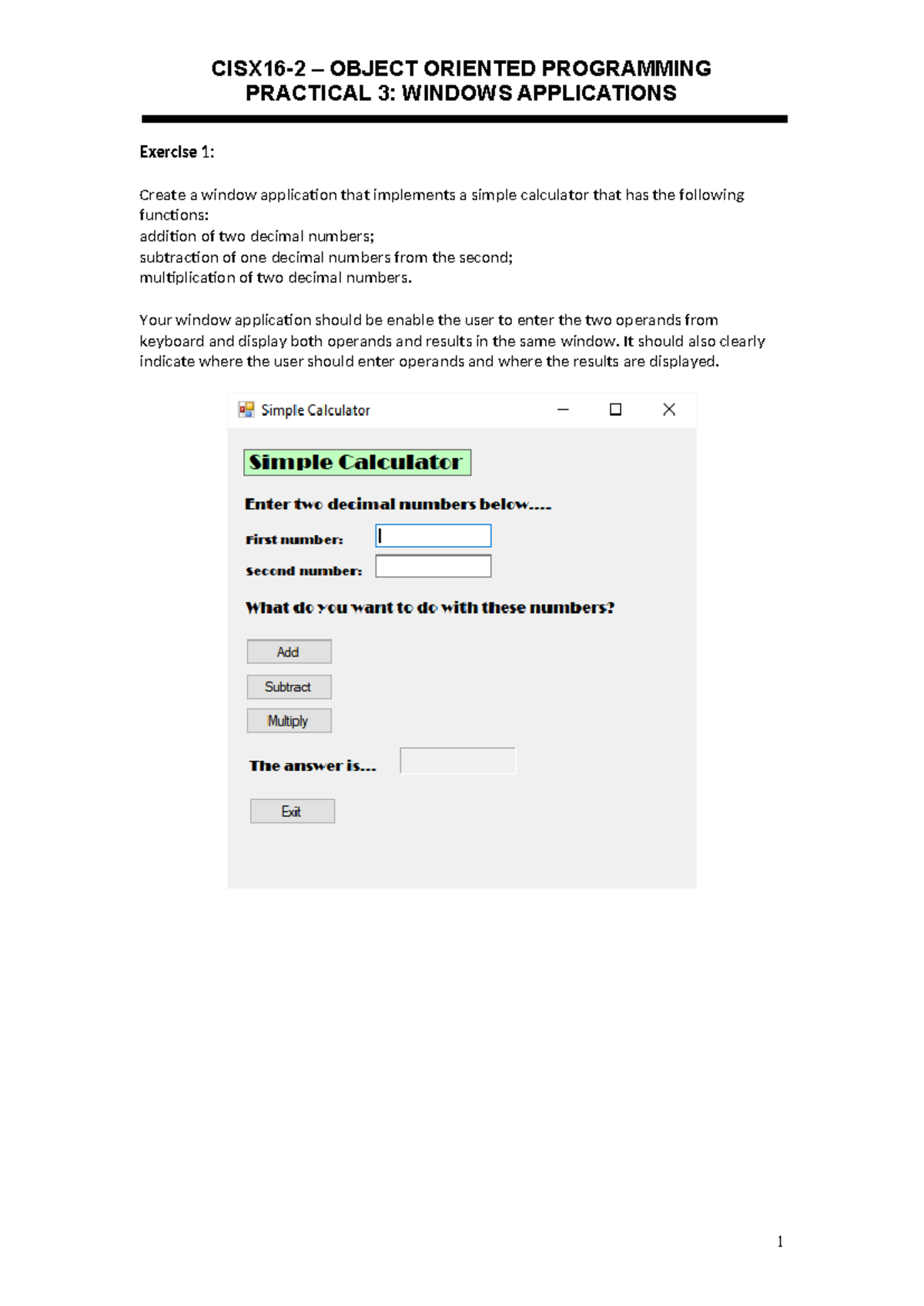 OOP PRACTICAL 3: WINDOWS APPLICATIONS - Simple Calculator & List ...