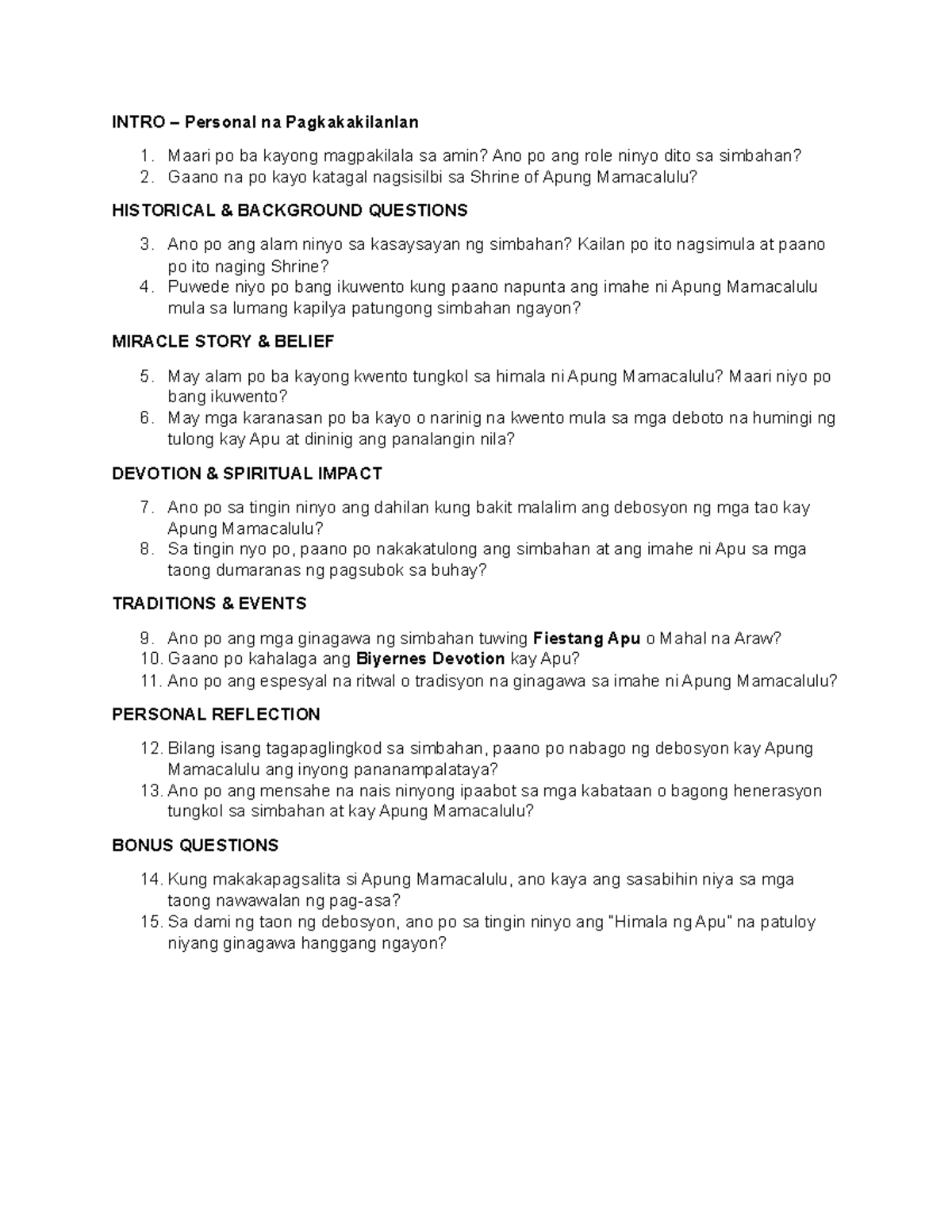 Apu - Interview Questions on Church History and Devotion - Studocu
