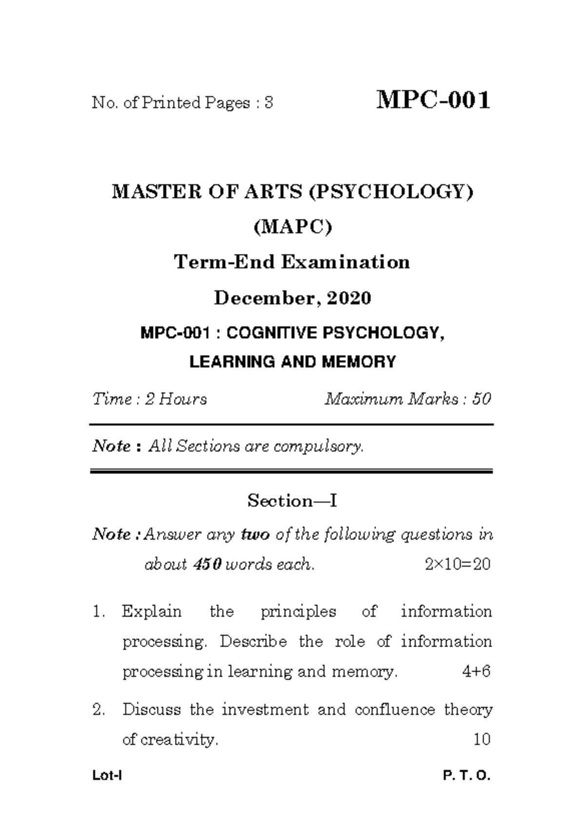 MPC-001 DEC 20 - PREVIOUS PAPERS - Lot-I P. T. O. No. of Printed Pages ...