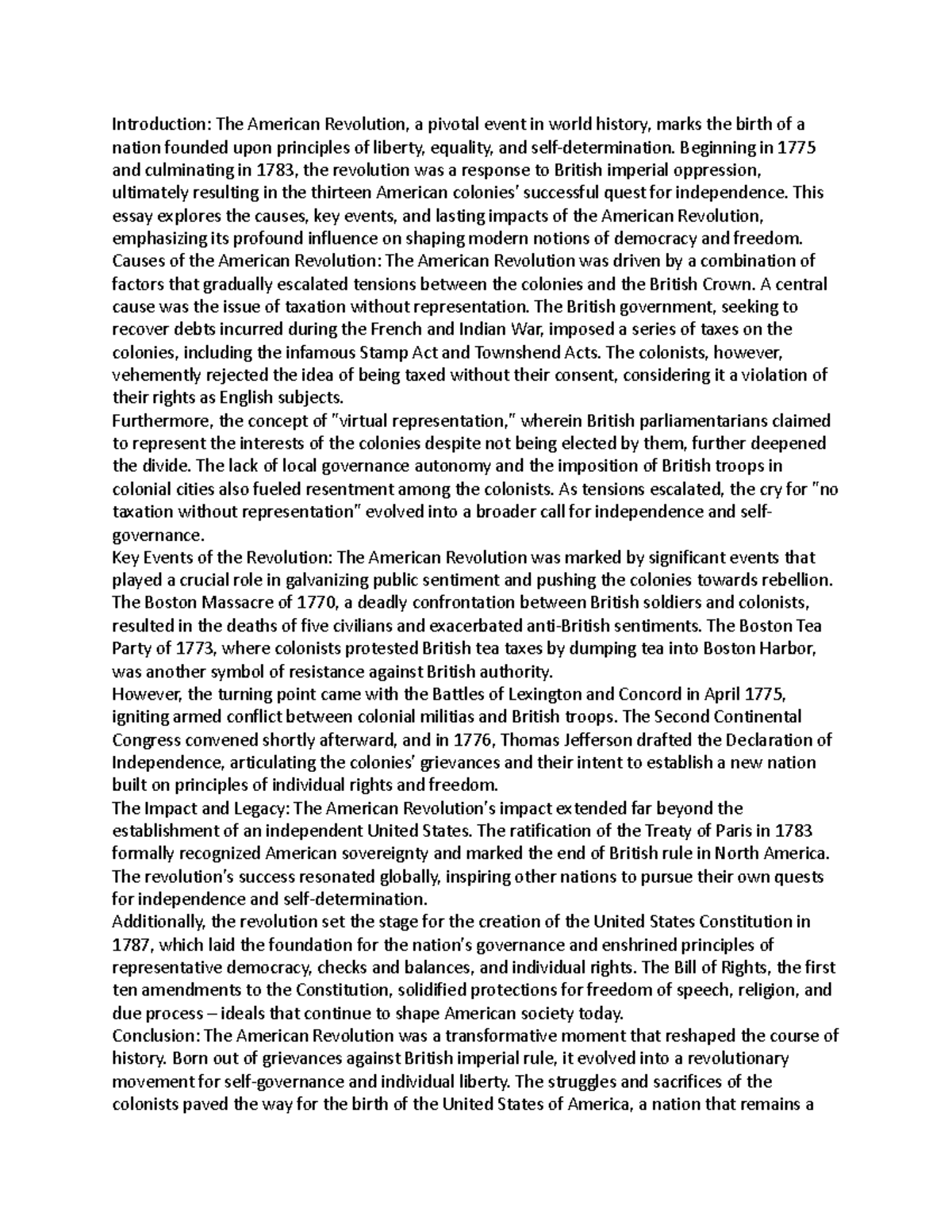 The American Revolution (HIST 101): Causes, Events, and Legacy Essay ...