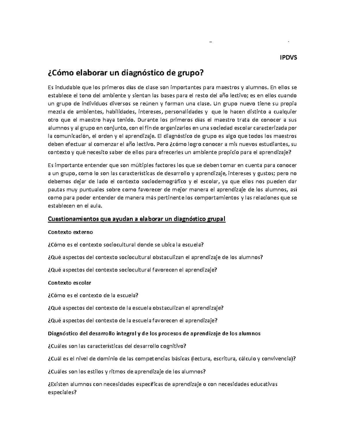 Diagnóstico Inicial del Grupo en NI IPDVS: Retos y Oportunidades - Studocu