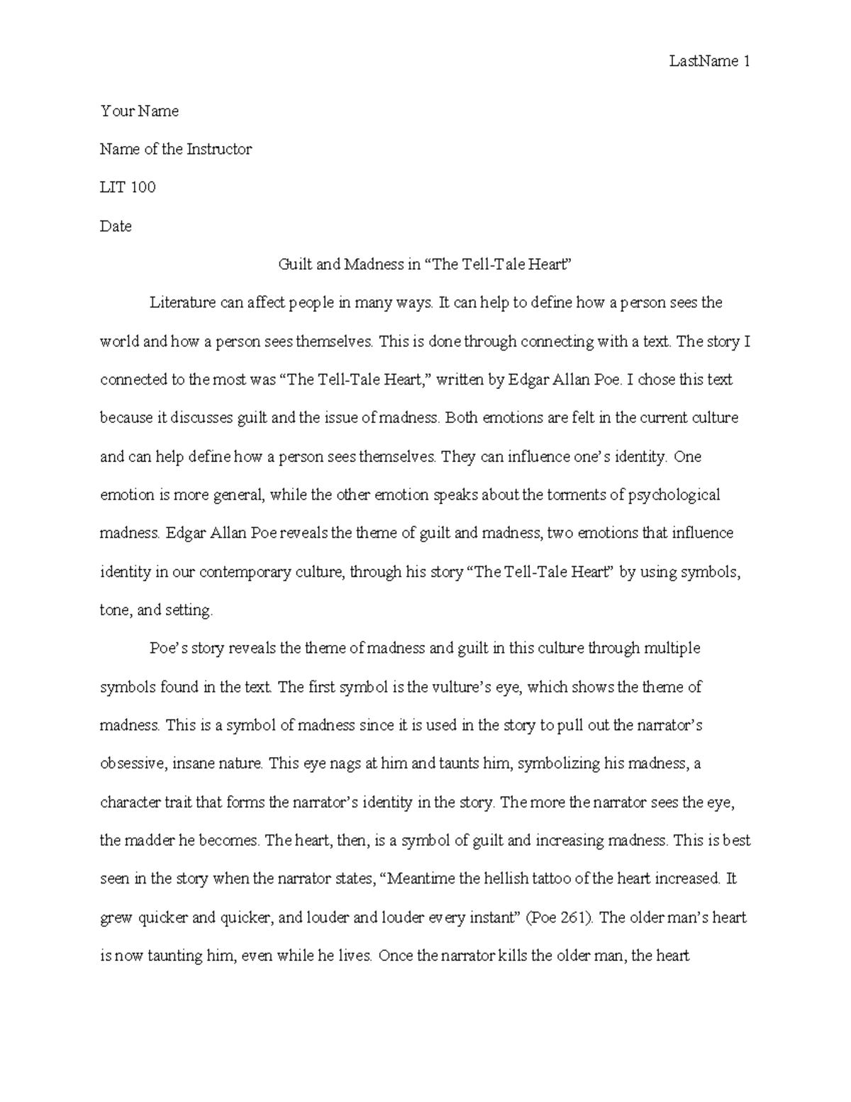 LIT 100 Final Project: Guilt and Madness in Poe's Literature - Studocu
