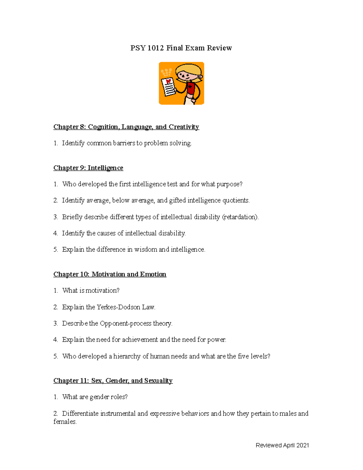 PSY 1012 Final Exam Review - Key Concepts & Topics 2022 - Studocu