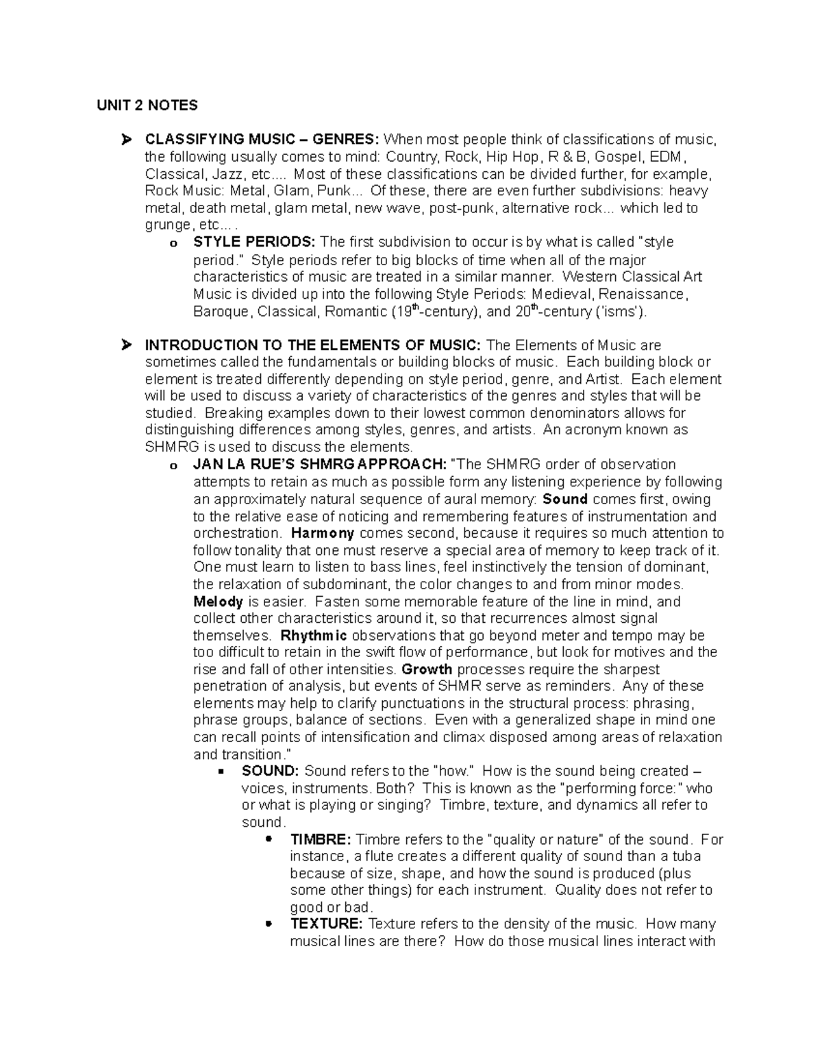 Unit 2 - Characteristics of Musical Styles and Elements - Studocu