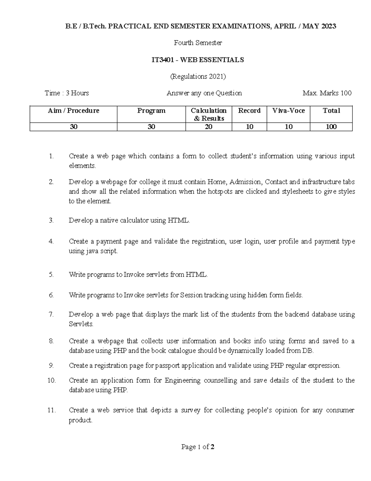 IT3401 SET2 - Web Essentials Practical Exam Questions, Apr/May 2023 - Document Preview