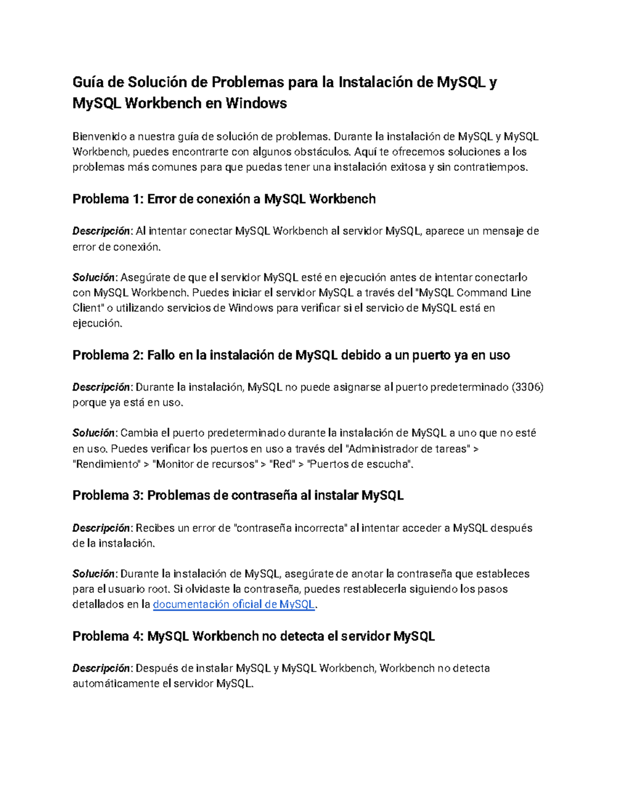 Guía de Solución de Problemas: Instalación MySQL y Workbench en Windows ...