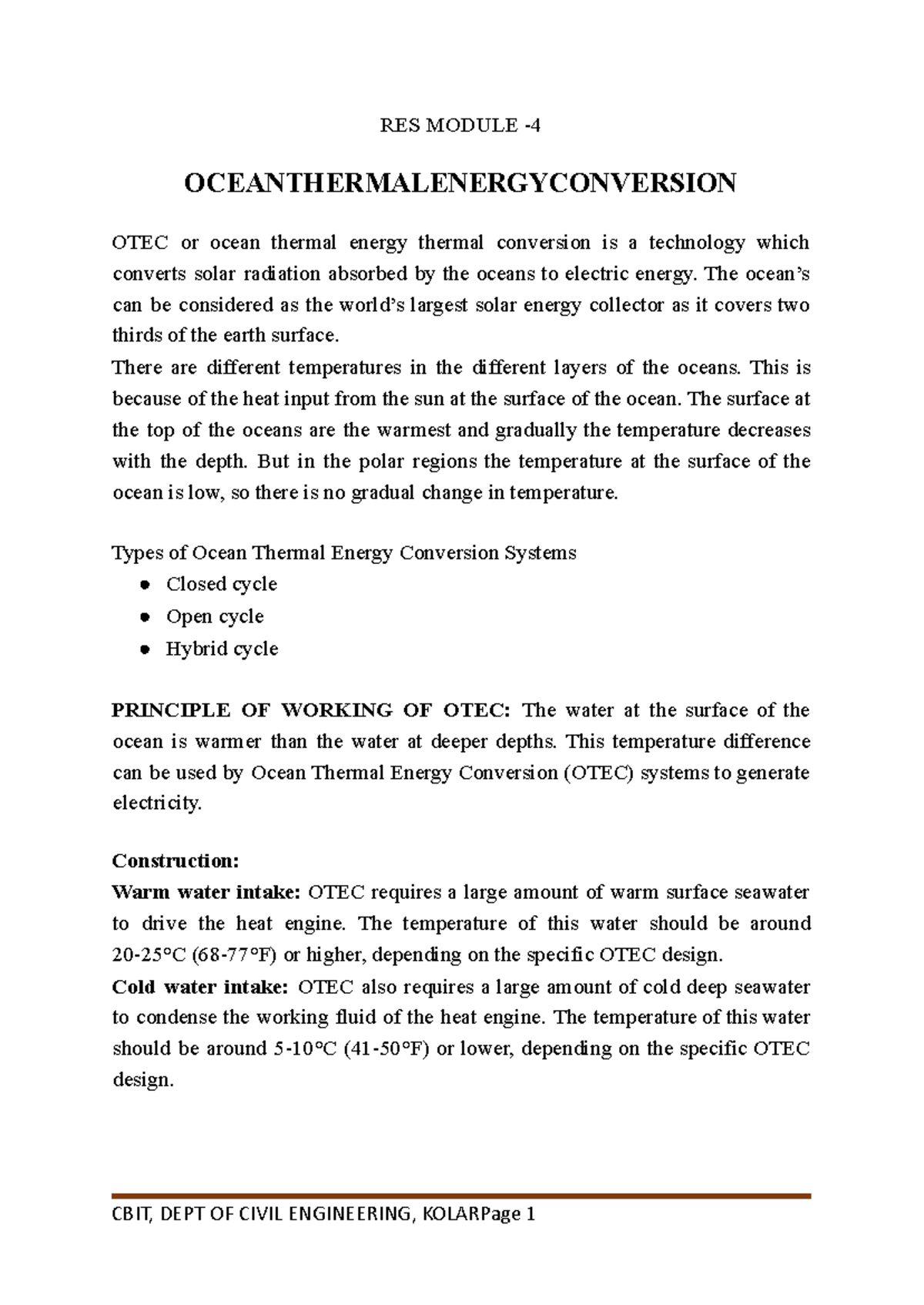 RES Module 4: Ocean Thermal Energy Conversion (OTEC) Notes - Studocu