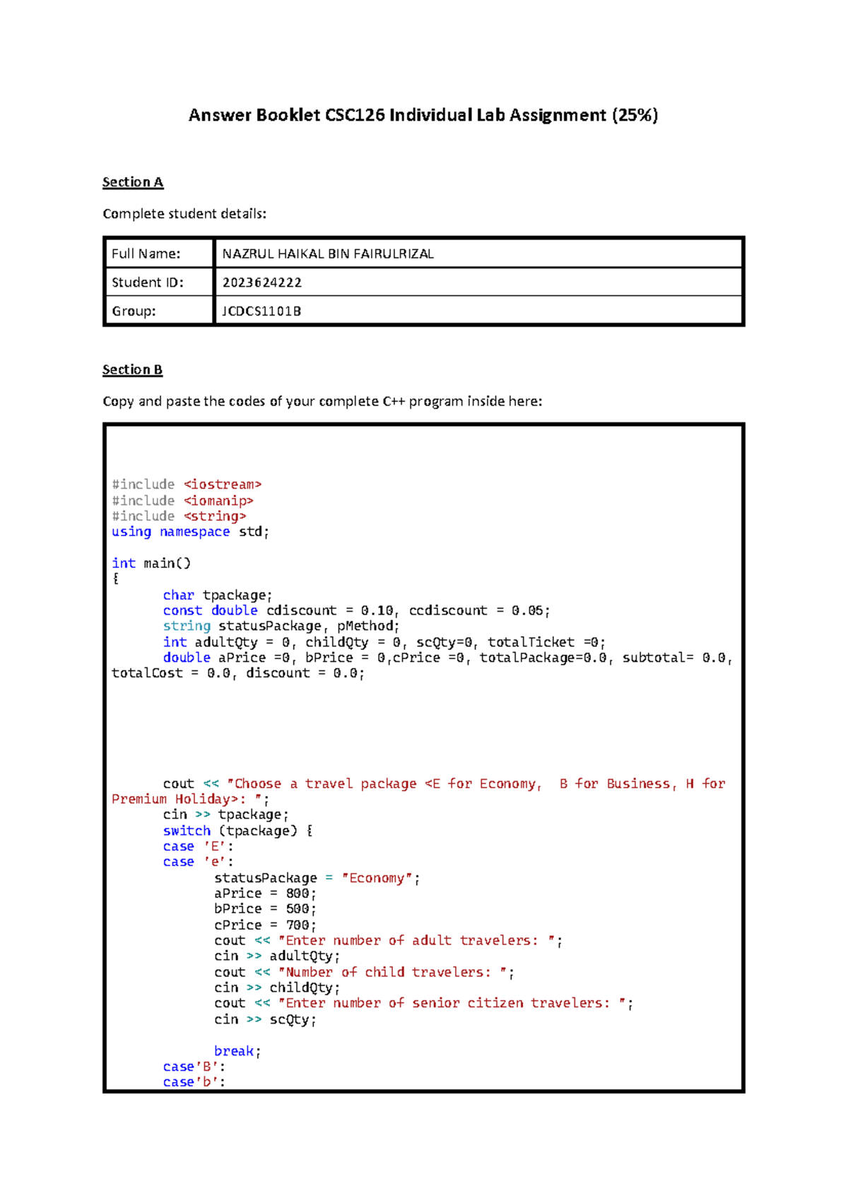 CSC126 Individual Lab Assignment Answer Booklet: Code & Output Analysis ...