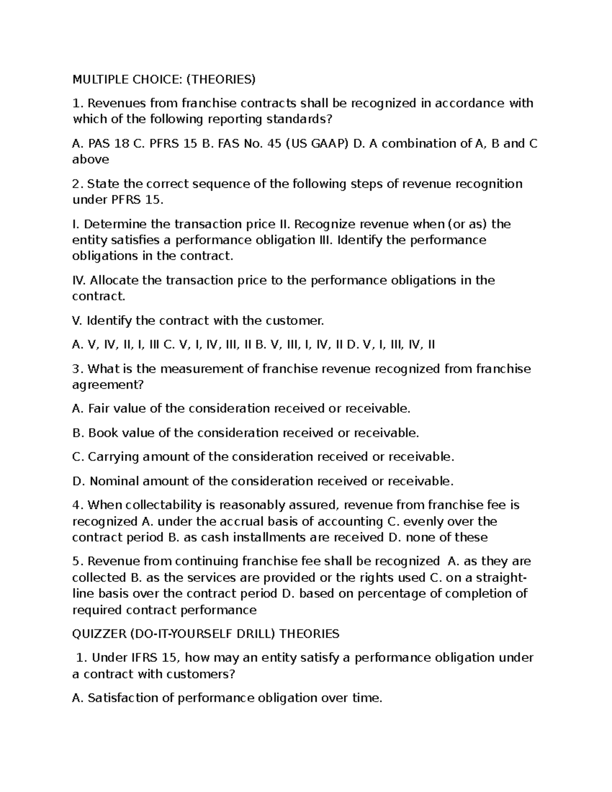 Franchisor Review: Multiple Choice Questions on Revenue Recognition ...