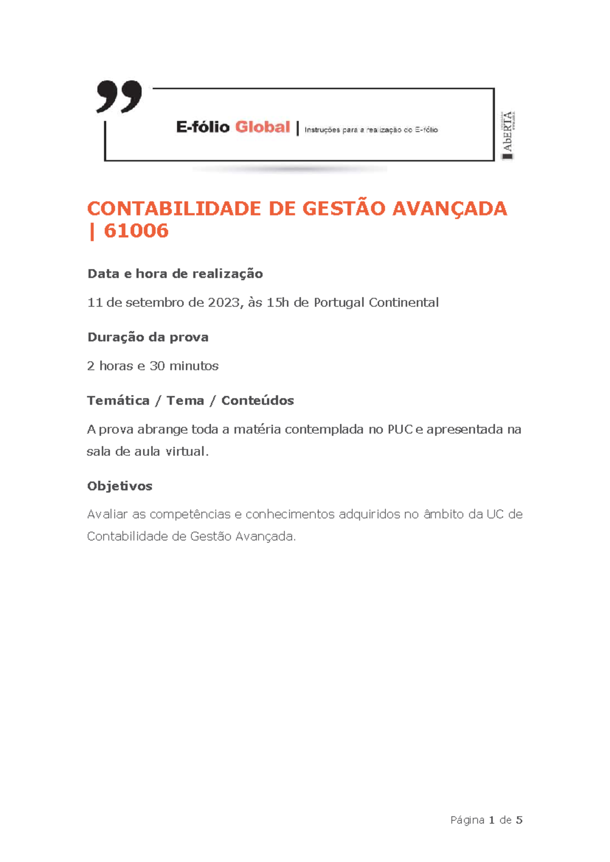 Efolio global setembro - CONTABILIDADE DE GESTÃO AVANÇADA | 61006 Data ...