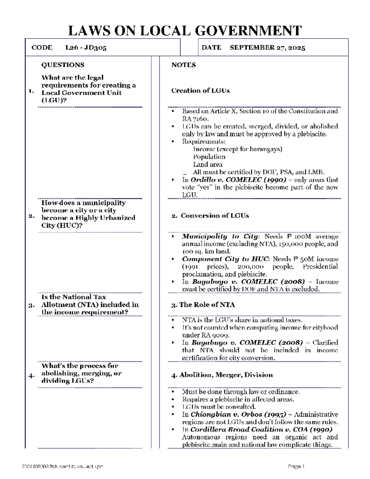 LAWS ON LOCAL GOV'T CODE L26 JD305: LGU Creation & Conversion Notes ...