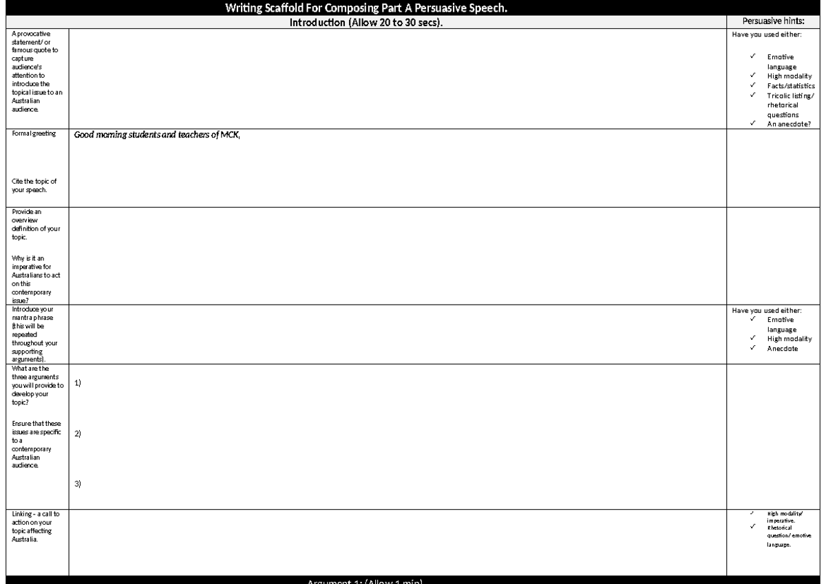 Writing Scaffold Matrix for Composing Persuasive Speech 2021 - Studocu