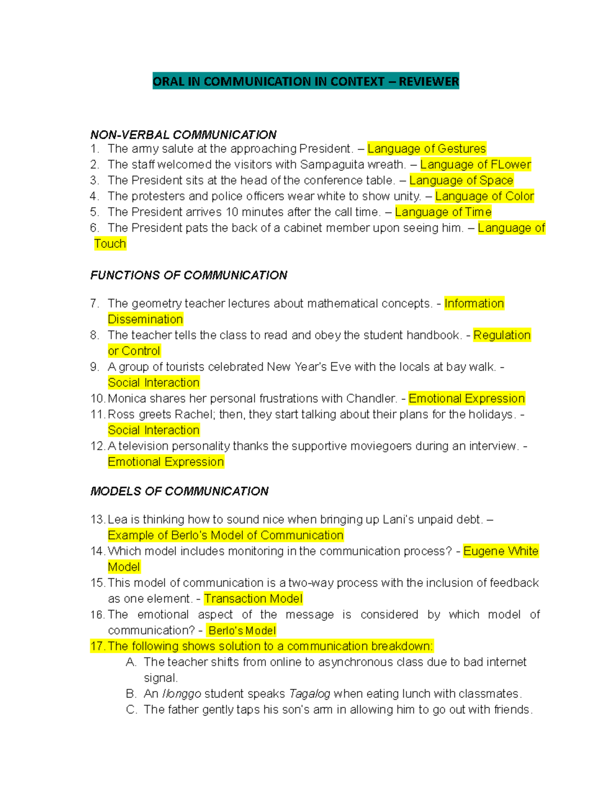 COMM 1: Oral Communication in Context 1st Quarter Reviewer - Studocu