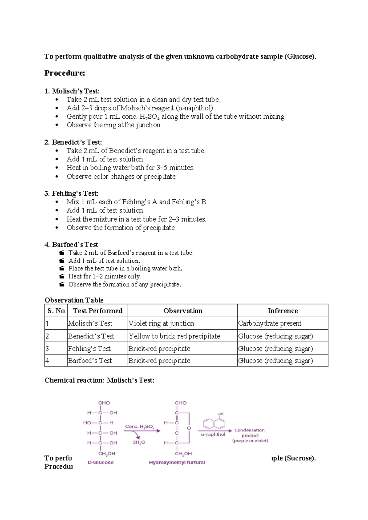 Qualitative Analysis of Unknown Carbohydrates: Glucose & Sucrose - Studocu