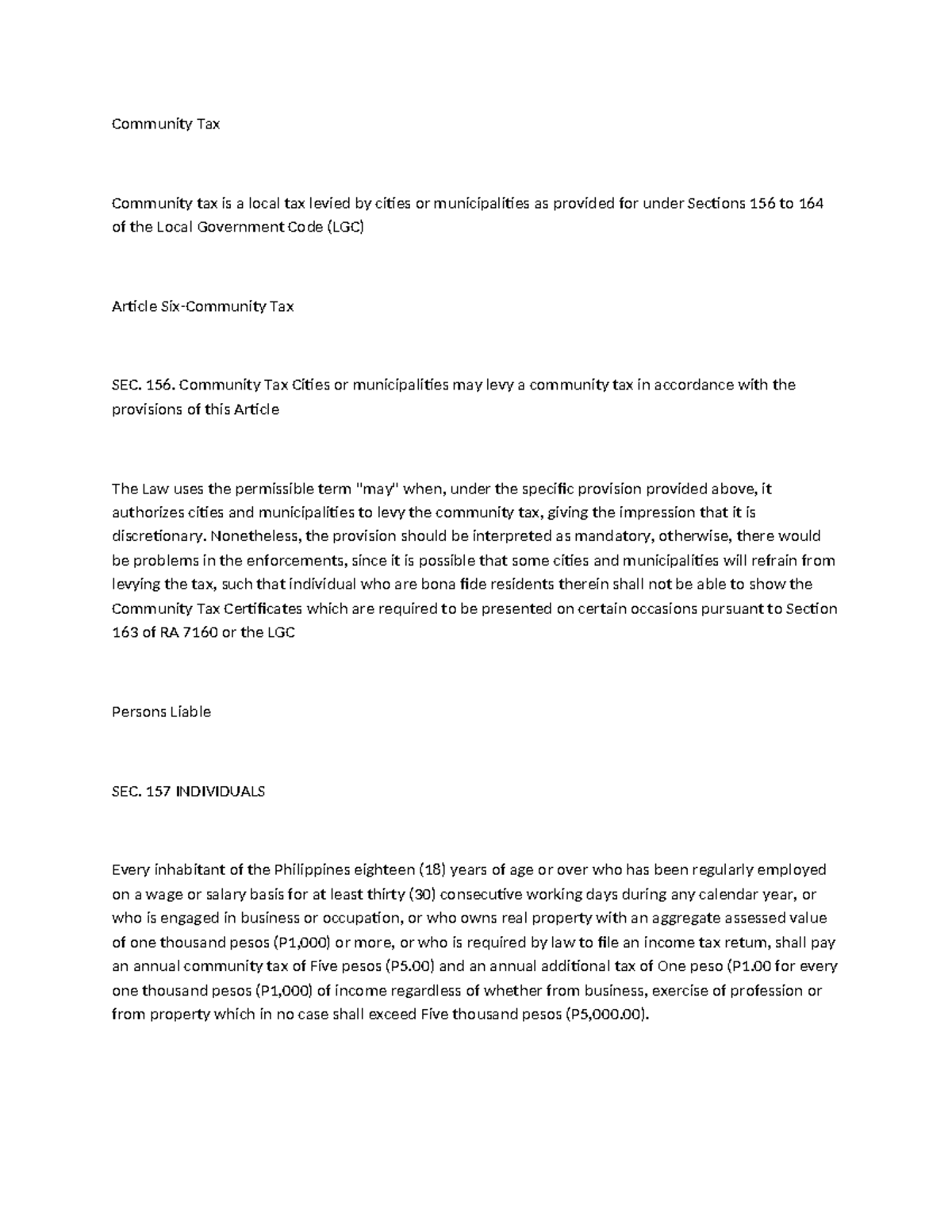 Community Tax Overview: Local Tax Regulations and Provisions - Studocu