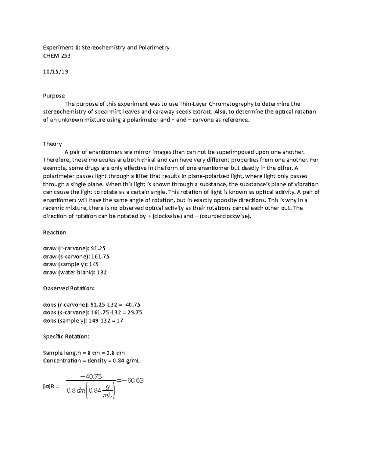 Lab 8: Stereochemistry and Polarimetry in CHEM 253 Experiment - Studocu