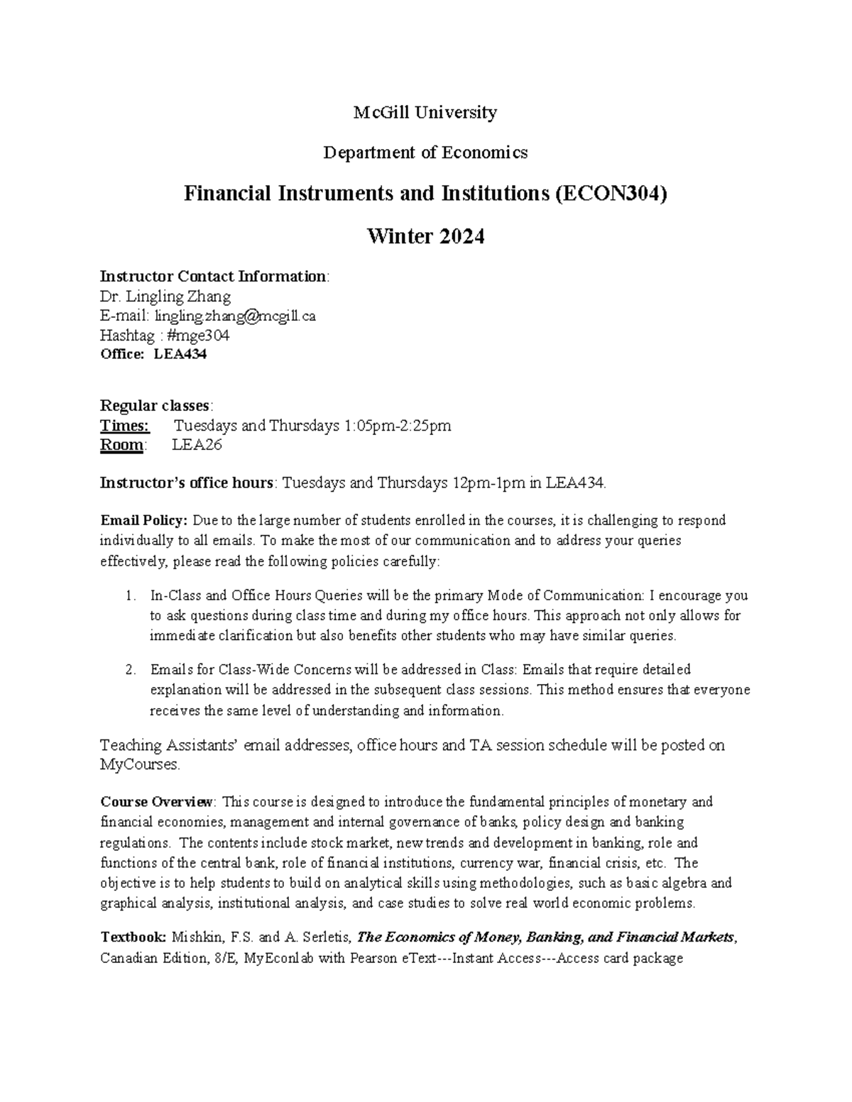 ECON304 Winter 2024 Course Outline and Key Information - Studocu