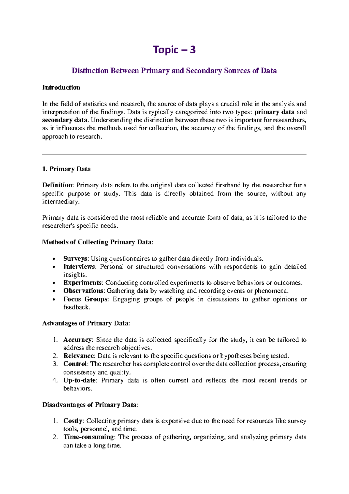 Topic 3: Distinction Between Primary and Secondary Data Sources - Study ...