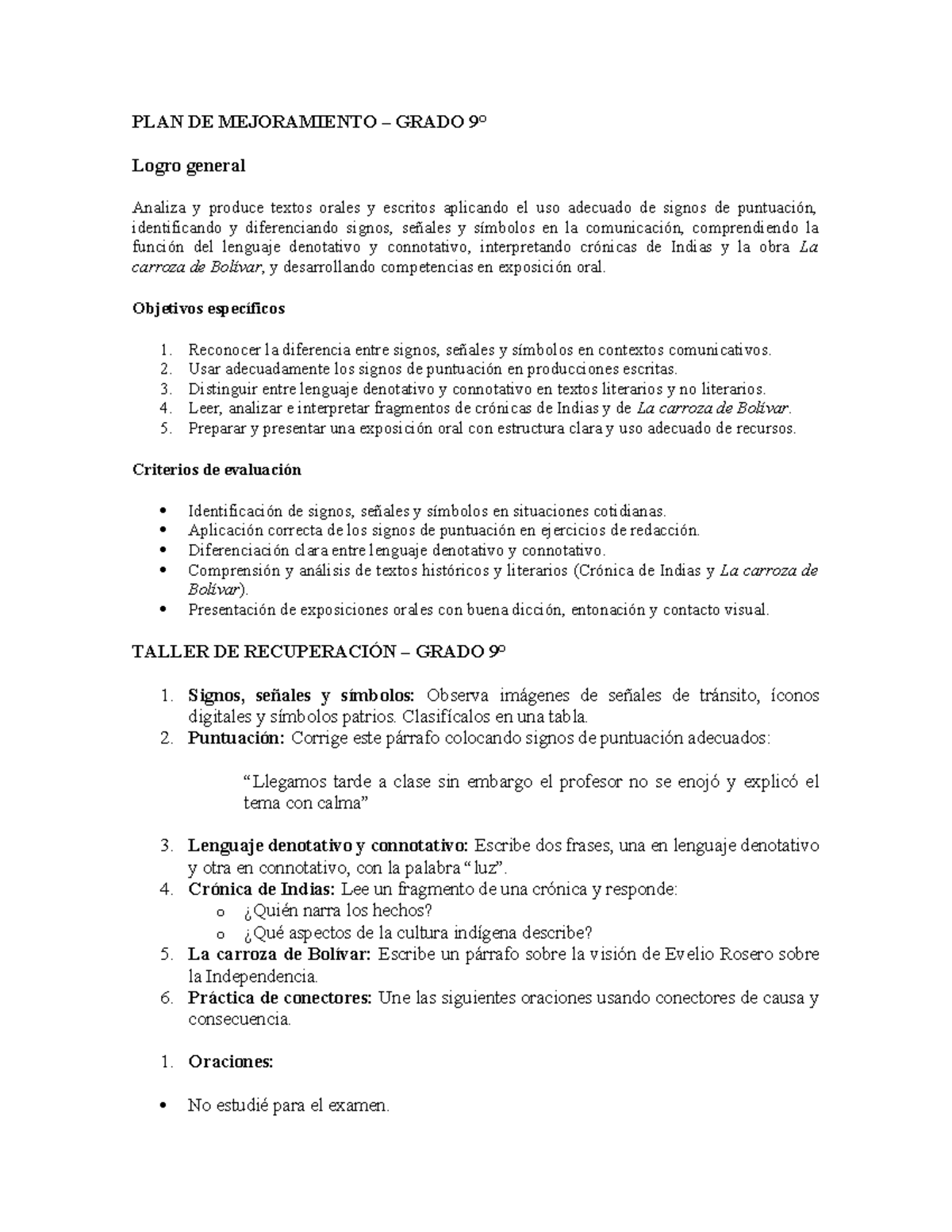 PLAN DE MEJORAMIENTO 9°: Análisis de Signos y Lenguaje en Textos - Studocu