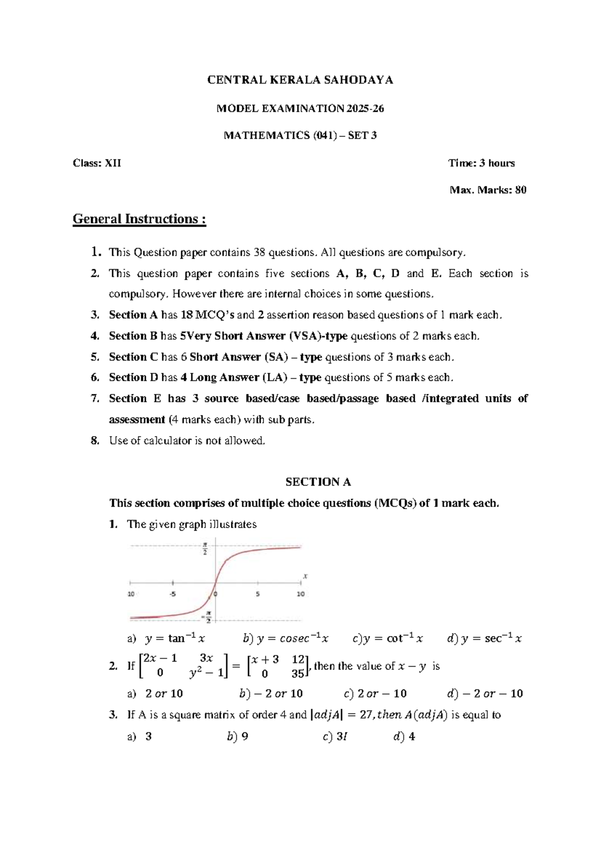 Class XII Maths Pre Board (041) Model Exam QP Set 3 - 2025-26 - Studocu