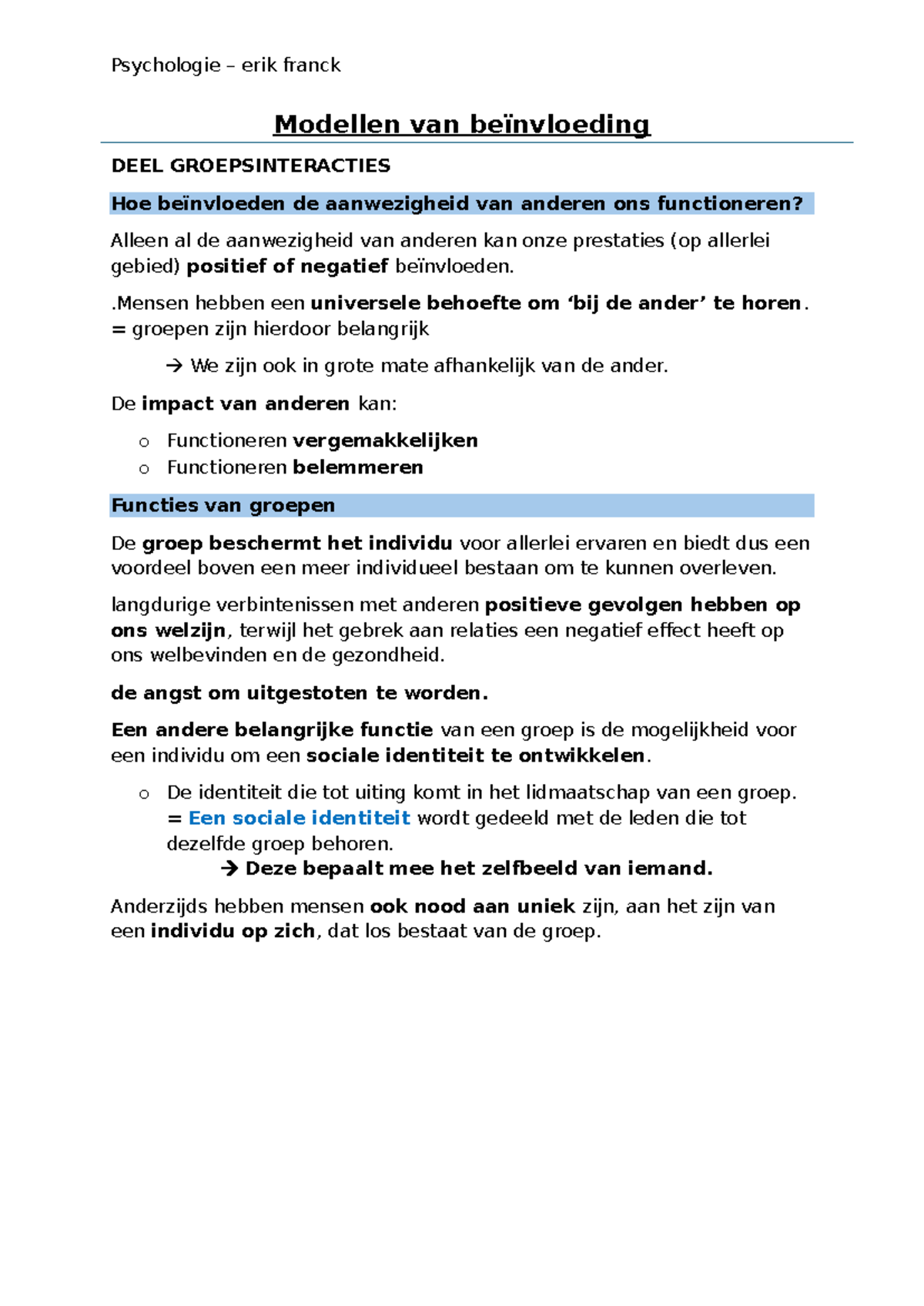 Modellen van Beïnvloeding in Groepsinteracties - Psychologie ERIK ...