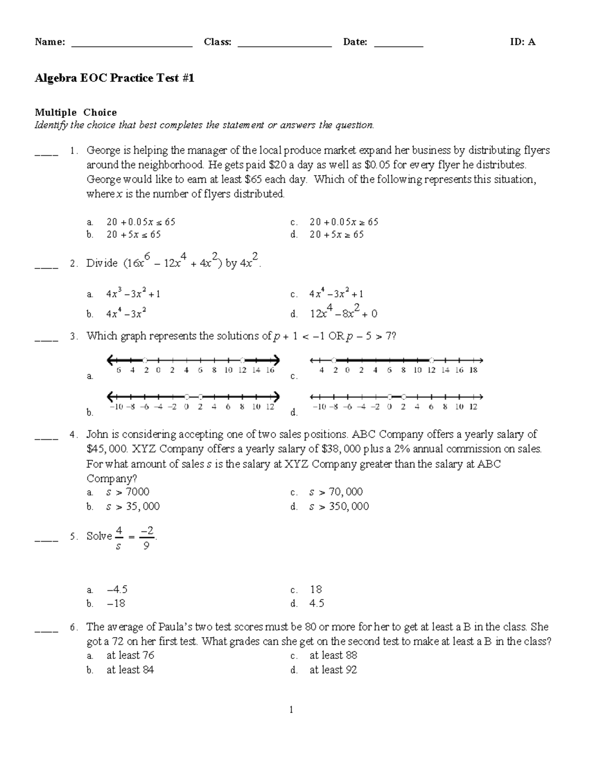 Algebra EOC Practice Test #1: Multiple Choice Questions - Studocu