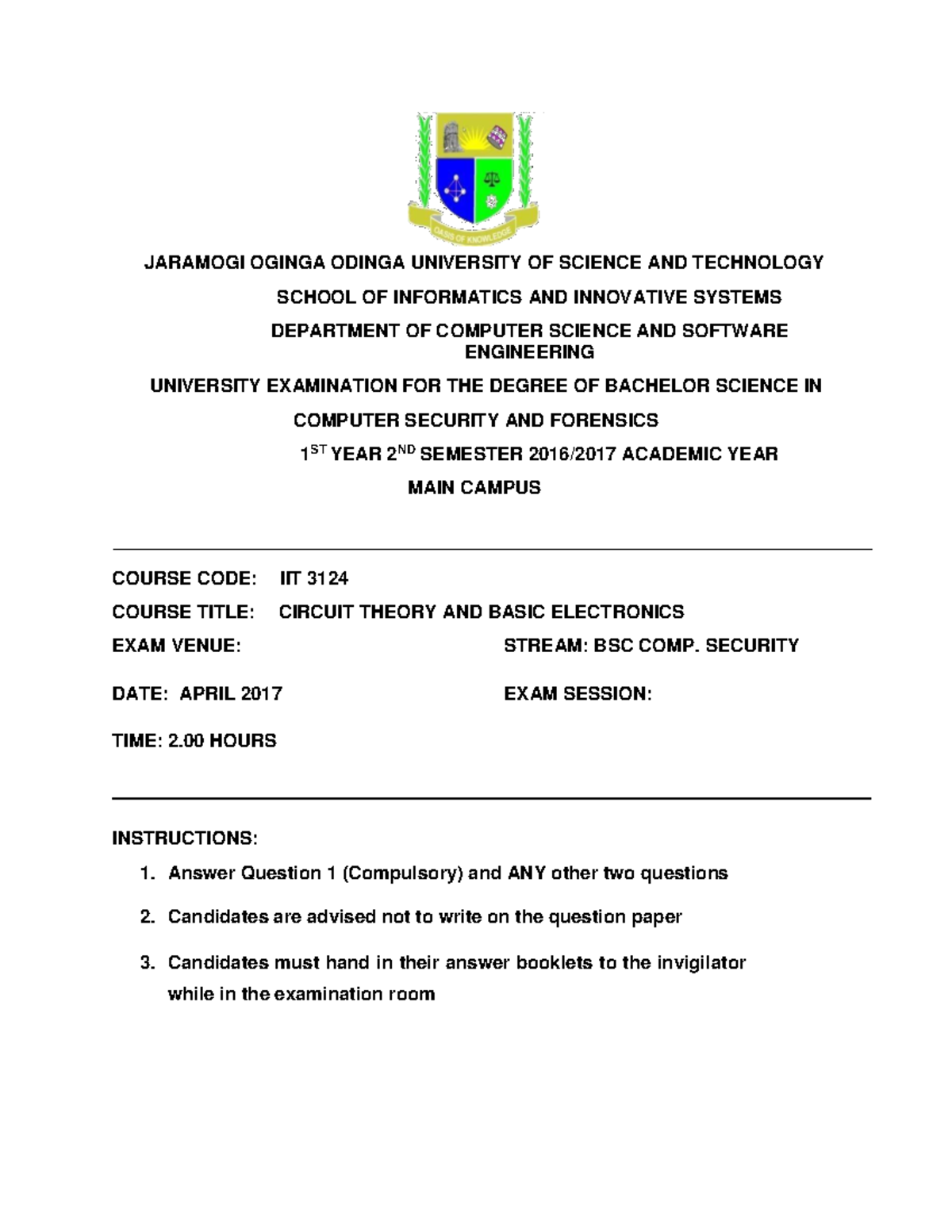 IIT 3124 Circuit Theory and Basic Electronics Exam Notes - Studocu