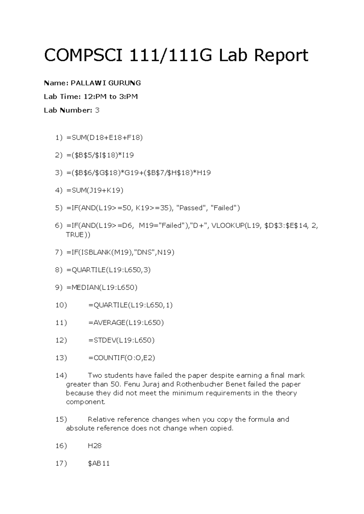 COMPSCI Lab Report 3: VLOOKUP & Theory Component Analysis - Studocu