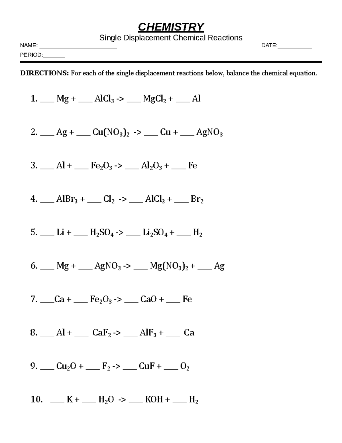 Single Displacement Reactions - CHEMISTRY Single Displacement Chemical ...