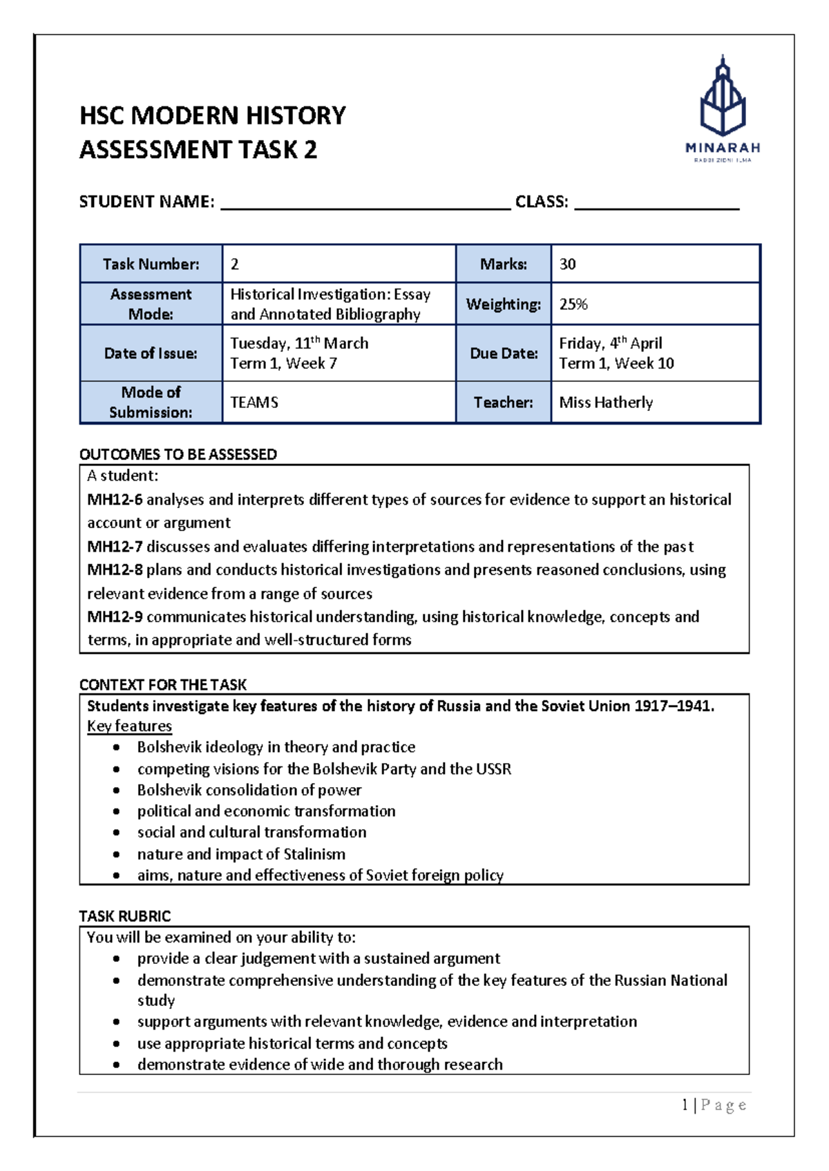 MC 2025 Year 12 Modern History Assessment Task 2 - HSC MODERN HISTORY ...