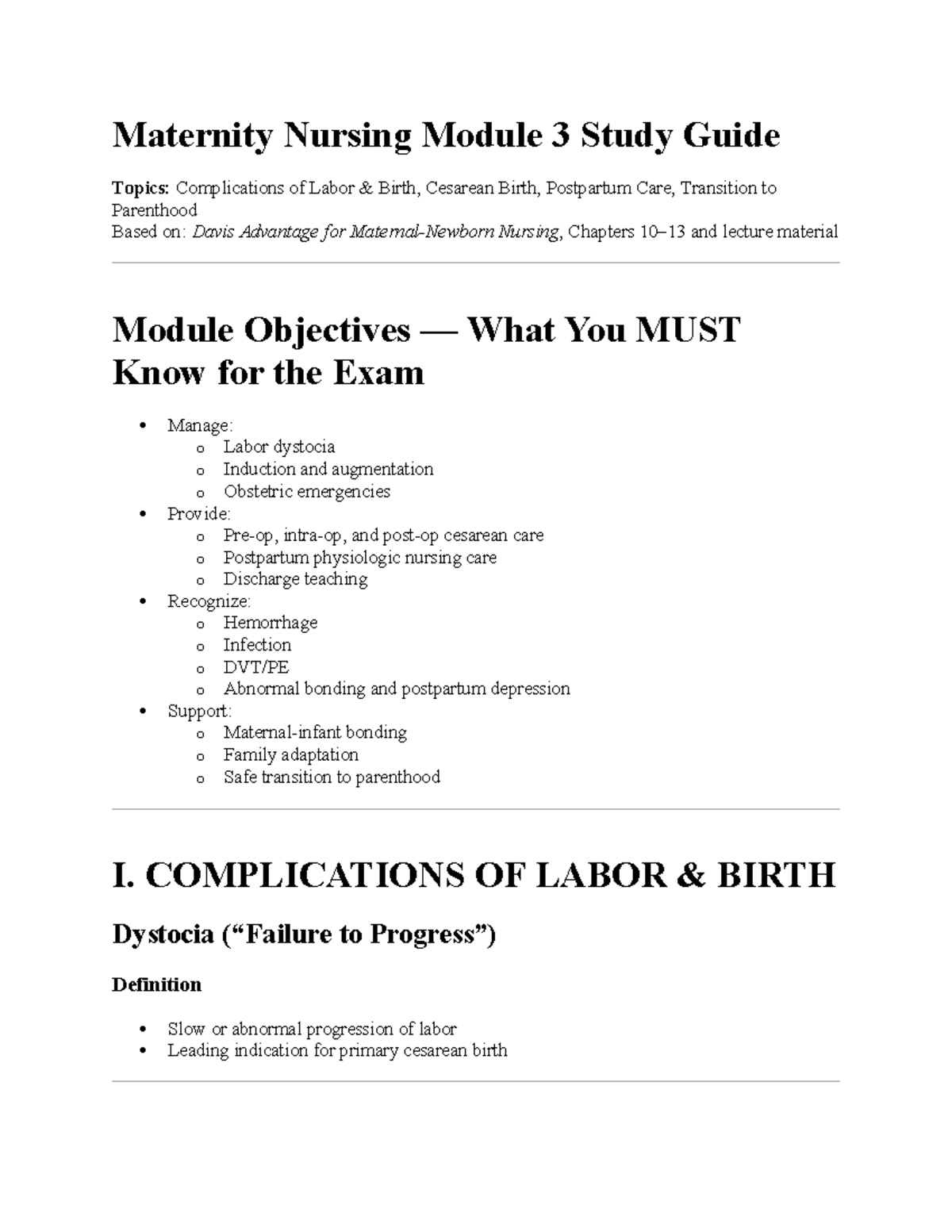 Maternity Nursing Module 3 Study Guide: Labor, Cesarean, and Postpartum ...