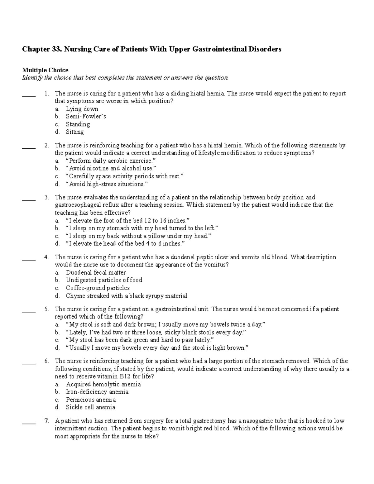 **Ch33 - Nursing Care for Upper GI Disorders: Key Concepts & MCQs ...